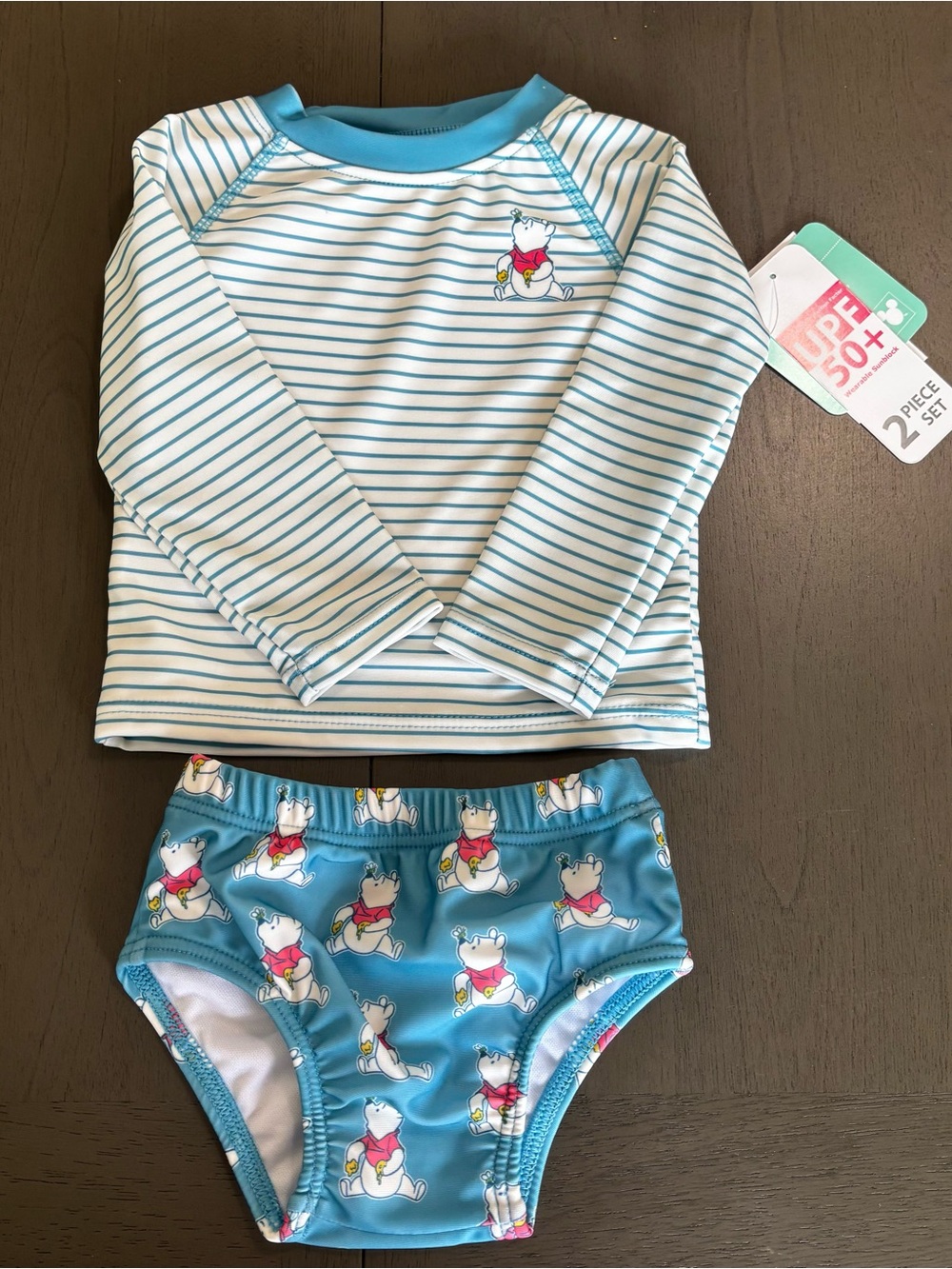 Disney Blue & White Striped UPF Rashguard Set with Blue Bear Swim Bottoms